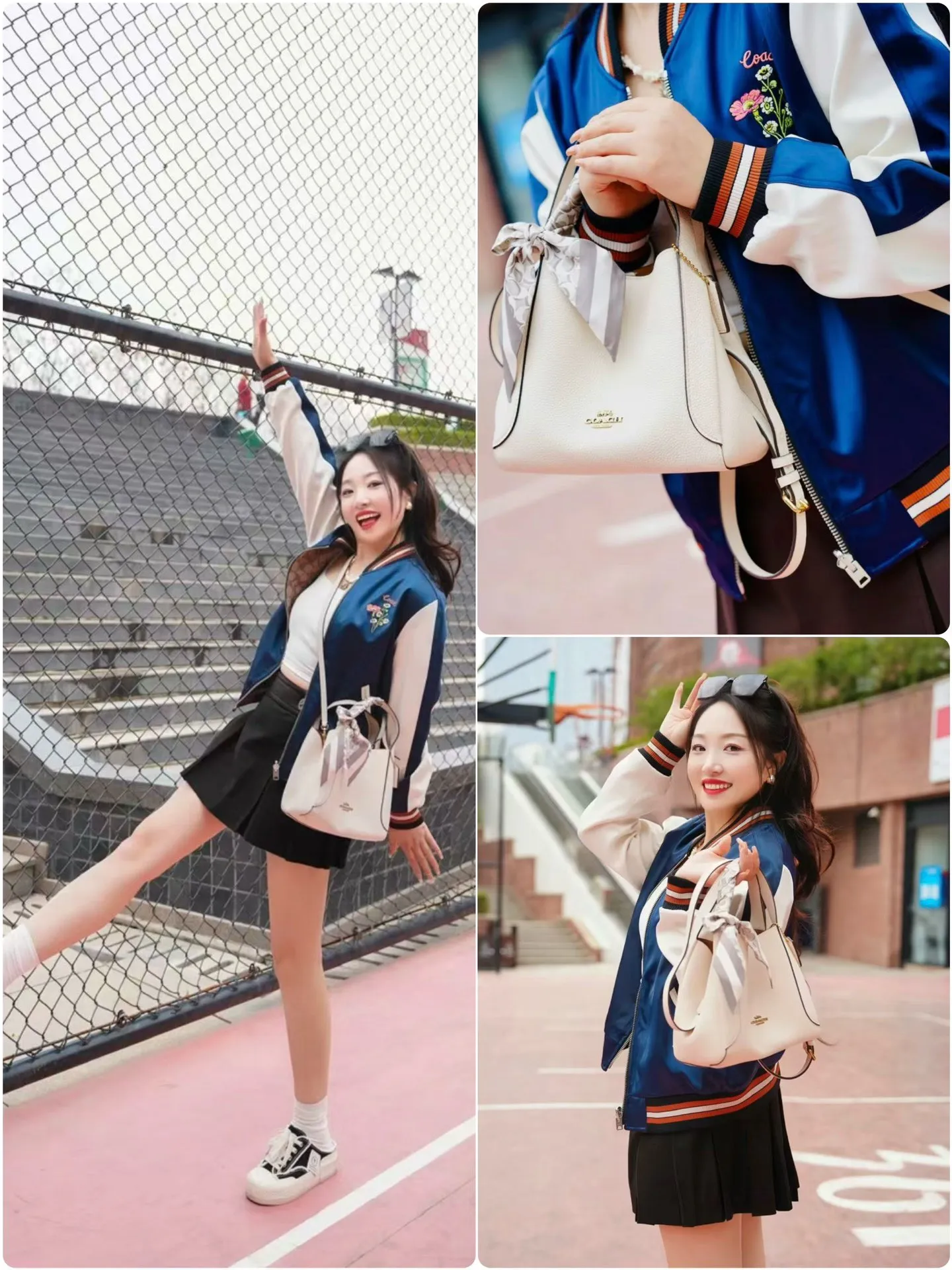 Model pictures for two wears in one! COACH New Arrival women's jacket is here. Kou's New Arrival embroidered reversible baseball jacket for women. Super beautiful reversible baseball jersey. Produced by a major trading factory. Excellent quality. The quantity is not large, only about 500 pieces. But it's also very fragrant. One side is made of high-weight Navy Blue satin fabric. This fabric is absolutely amazing. Ordinary satin fabrics on the market are either soft and shapeless. Or the texture is rough and not delicate enough. The more delicate the fabric, the higher the fabric requirements. The fabric woven with forty-eight double yarns and three yarns is not only as delicate as Dove chocolate. And just hanging it flat there is very classy. I have tried it countless times and there is absolutely no snagging. The grass embroidery on the front chest can be said to be very three-dimensional. Perfectly complementing each other. Wearing it on the reverse side is a combination of color-blocked C all-over print and satin fabric. Classic is revealed in a low profile. All sizes available in complete packaging. Size: S-L (reversible) Color: Navy Blue (presbyopia reversed) (Material: polyester fiber) S size: length 59CM, bust 120CM, shoulder raglan (raglan) 72CM, reference weight 90-105 catties M size: length 61CM, bust 124CM, shoulder raglan (raglan) 74CM, reference weight 105-115 catties L size: length 63CM Bust 128CM, shoulder sleeves (raglan) 76CM, reference weight 115-130 catties